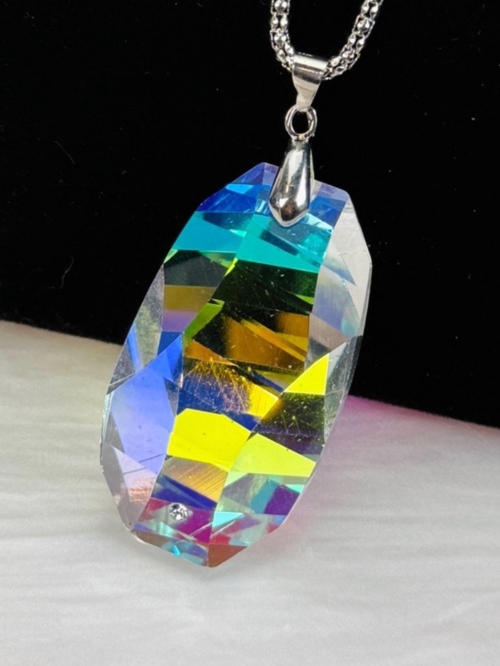 Vintage, large prism, reflective pendant with lightweight, Silvertone chain